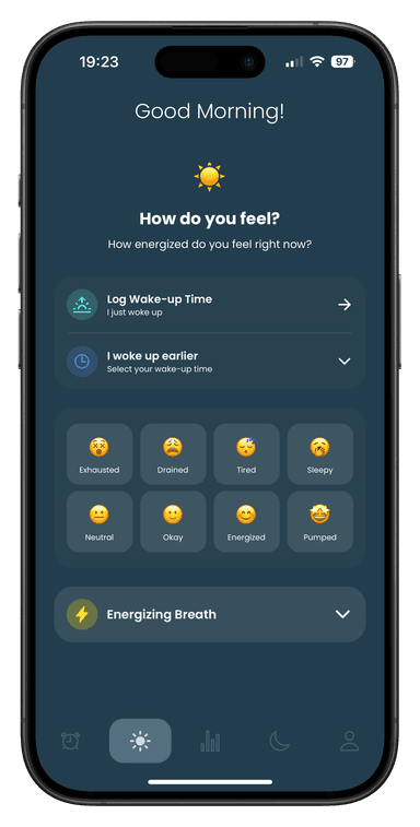 iOS morning check-in (dark mode)
